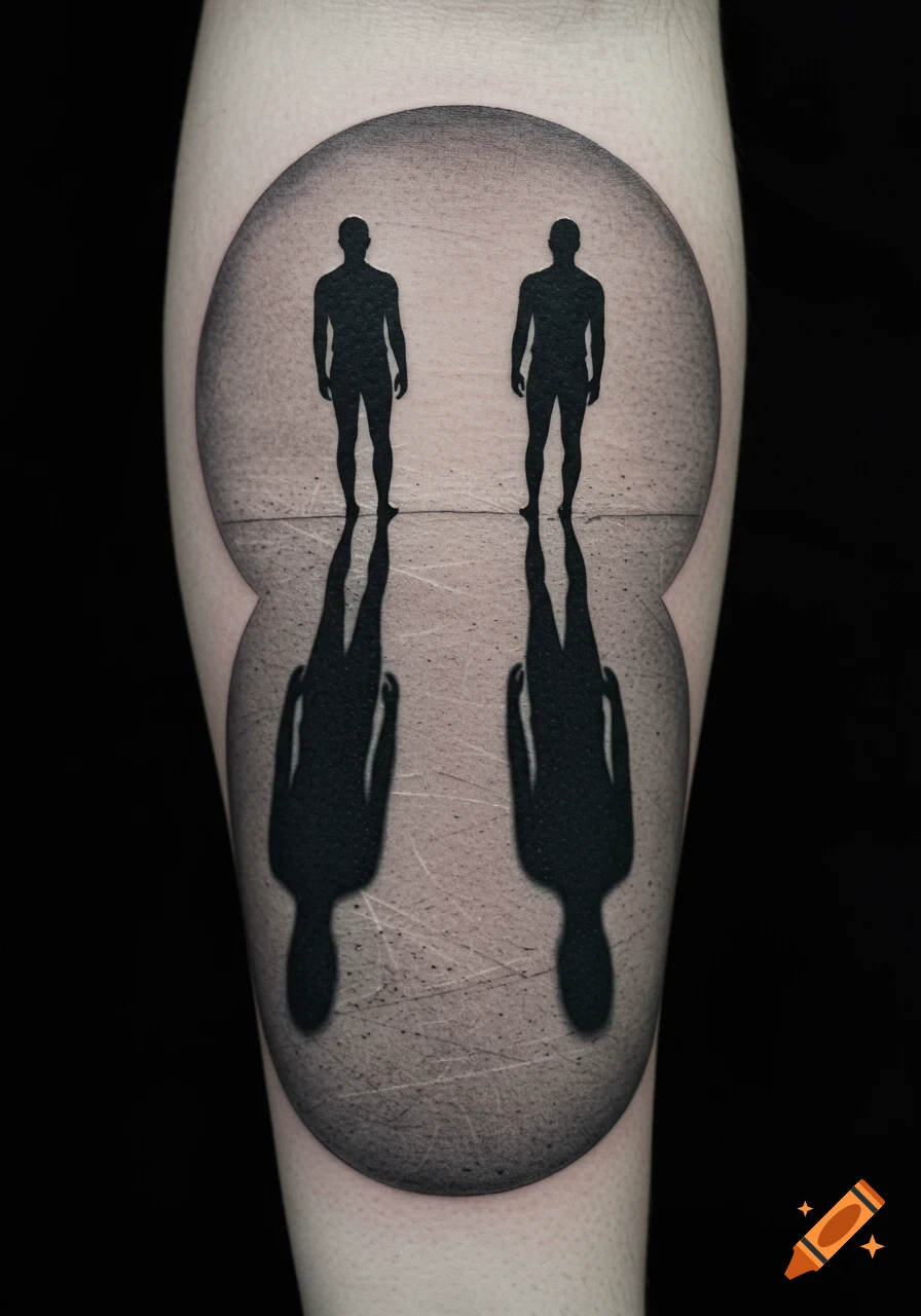 Minimalist tattoo of two black human silhouettes and their long shadows within a light gray circular frame on skin.