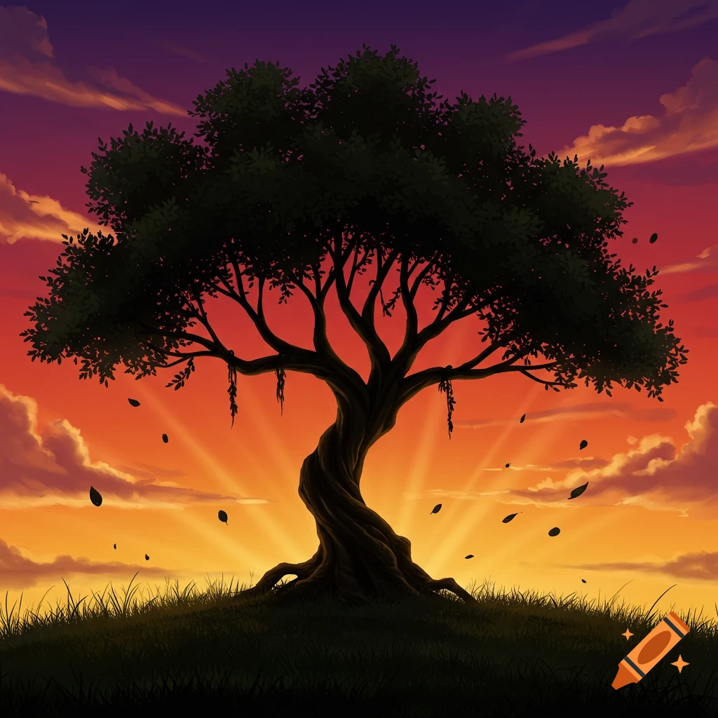 A dark silhouette of a tree with a twisted trunk on a grassy hill against a vibrant orange and purple sunset sky with sun rays.