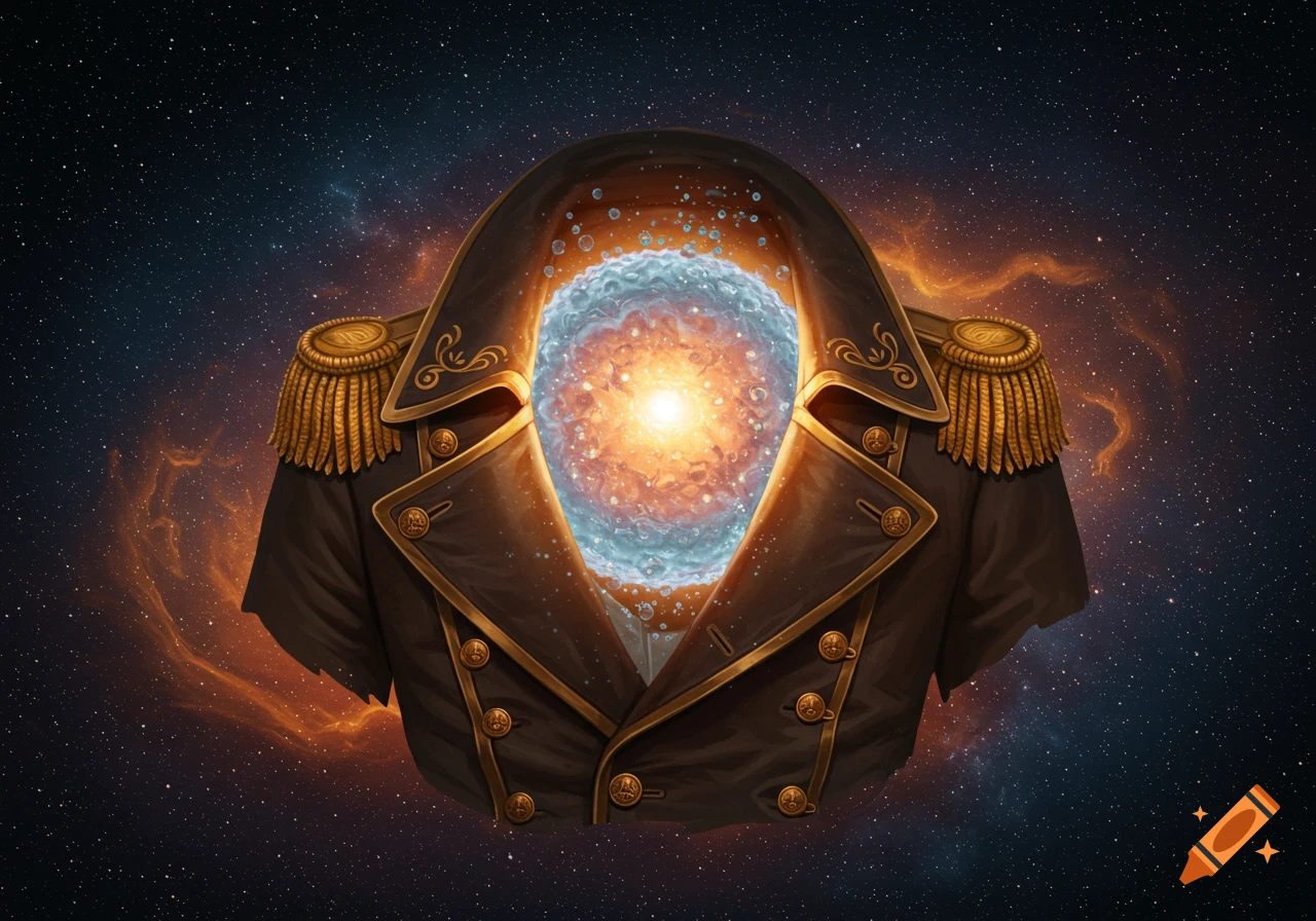 A glowing energy orb inside a detailed brown governor's coat, set against a starry cosmic background with nebulas.
