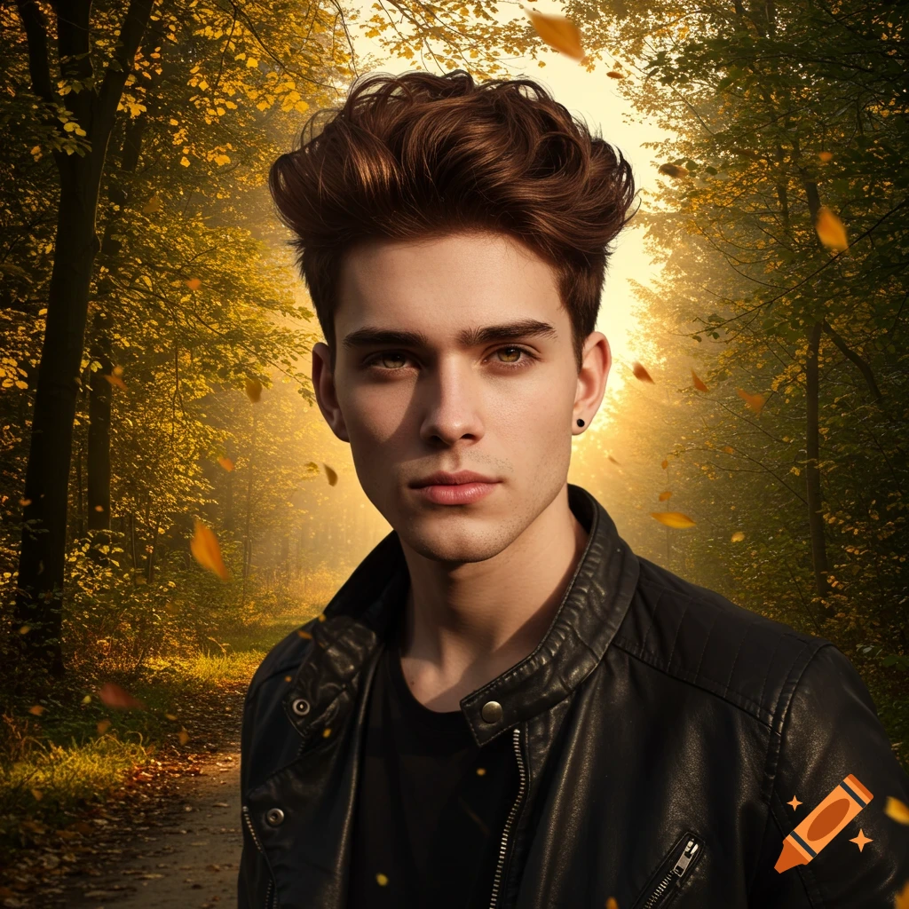 A photorealistic portrait of a young man with brown hair and a black leather jacket standing in an autumn forest with golden leaves.