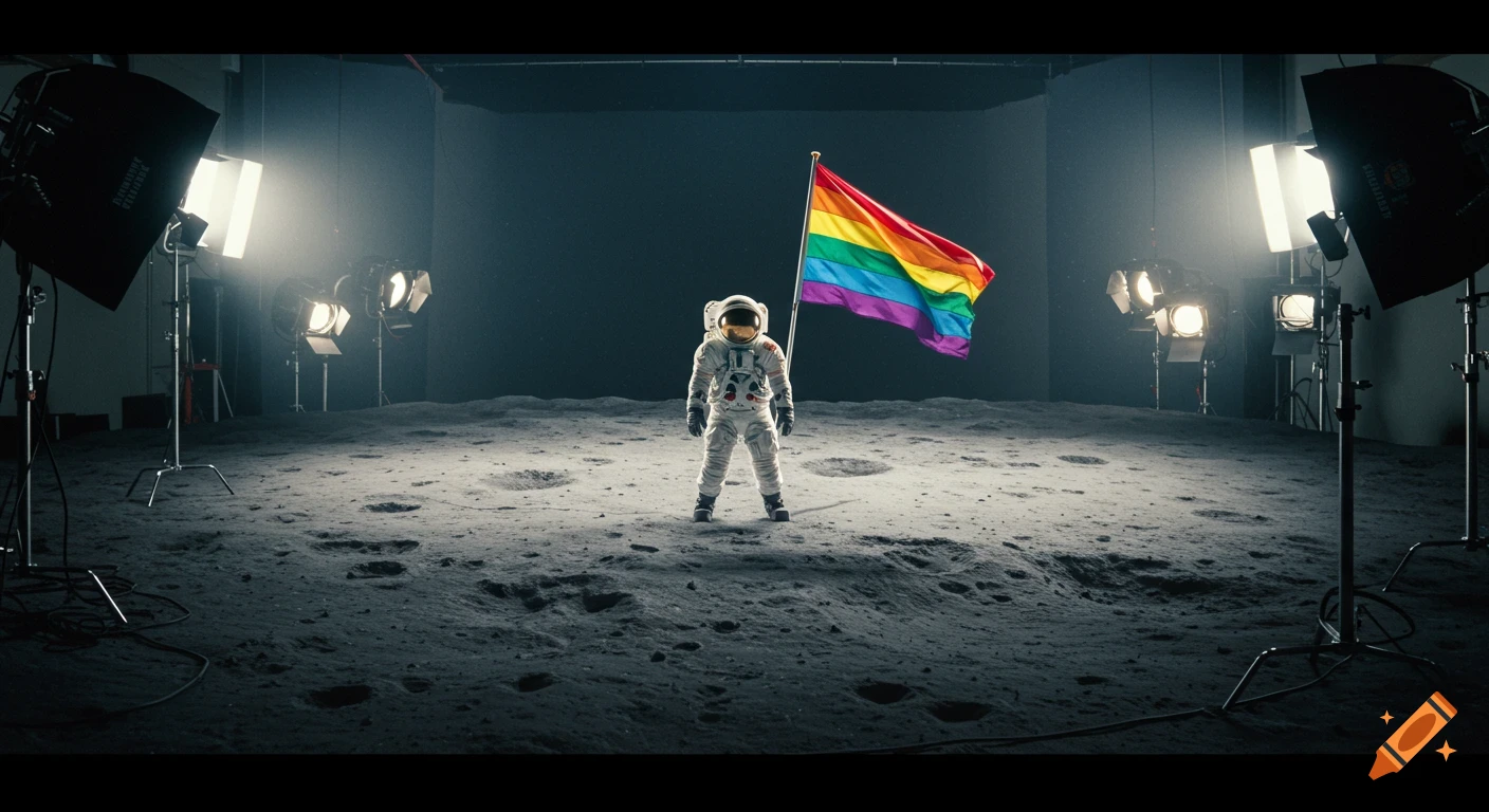 An astronaut stands on a moon-like film set holding a vibrant rainbow pride flag, surrounded by studio lights.