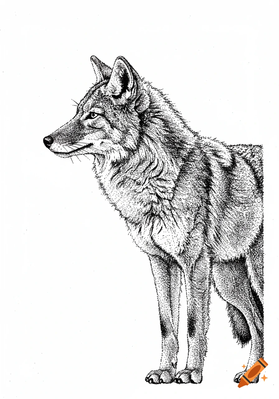 A detailed black and white stippling illustration of a coyote looking left, on a white background.