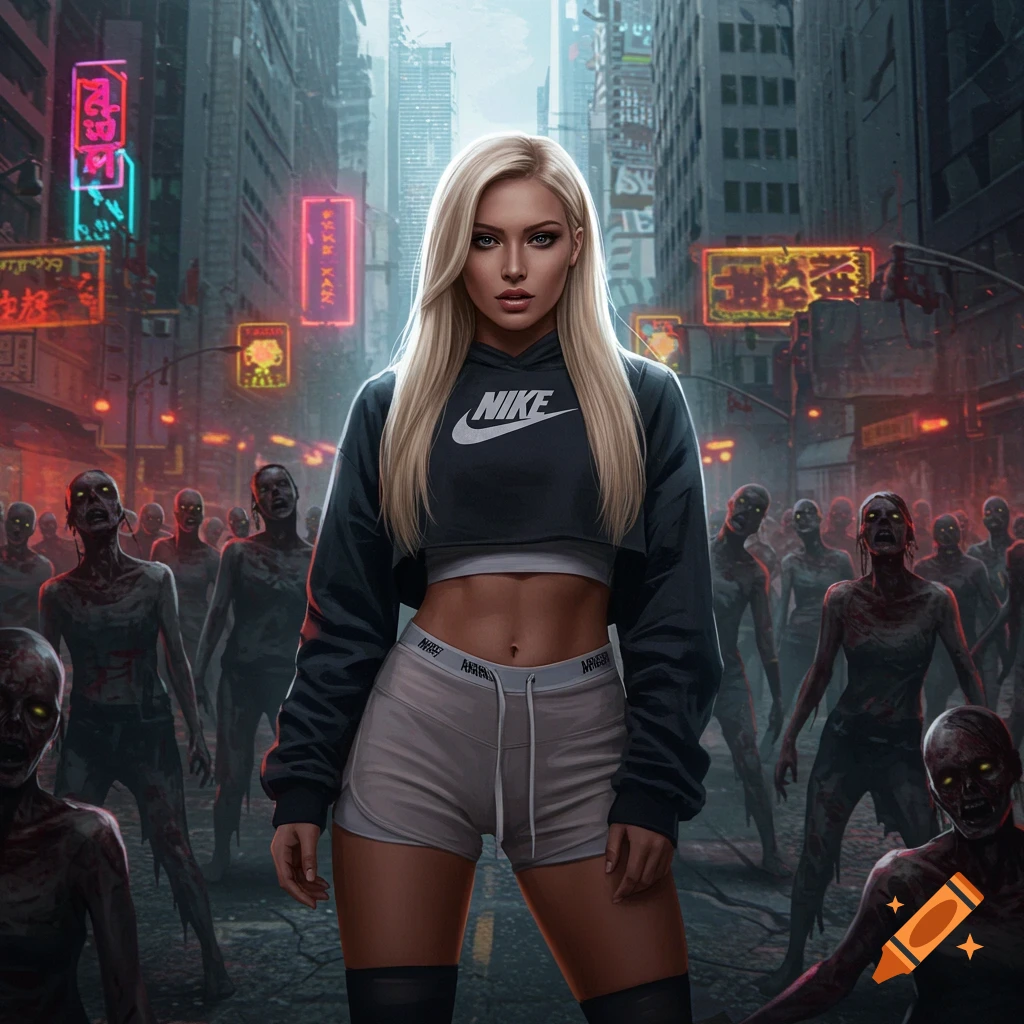 A blonde woman in a Nike crop top and shorts stands in a destroyed futuristic city street, surrounded by zombies.