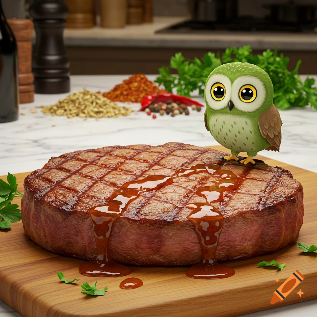 A cartoon green owl stands on a sauced grilled steak on a wooden cutting board in a kitchen.