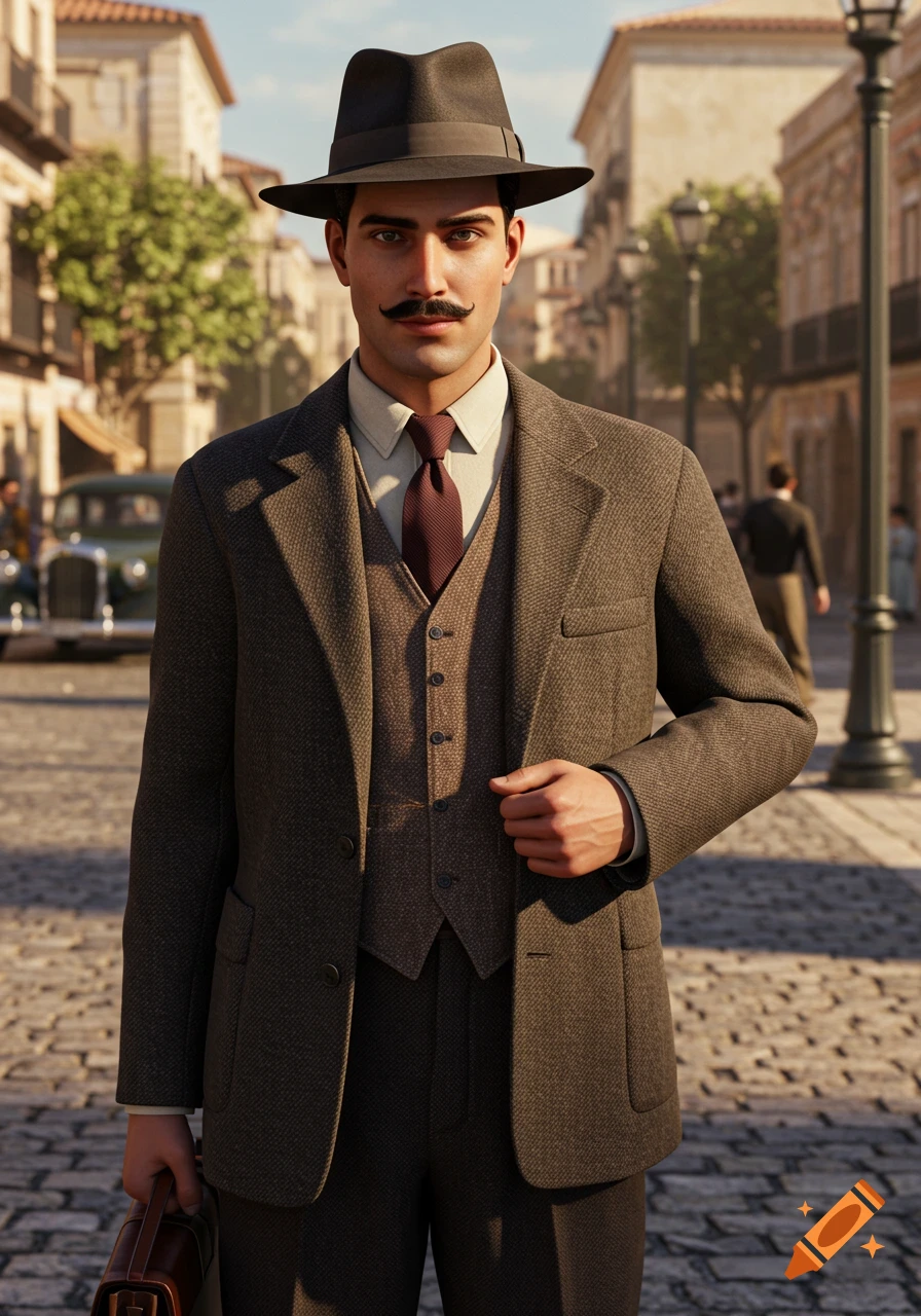 Photorealistic image of a man in a dark suit, fedora, and mustache standing on a cobblestone street with vintage buildings and car.