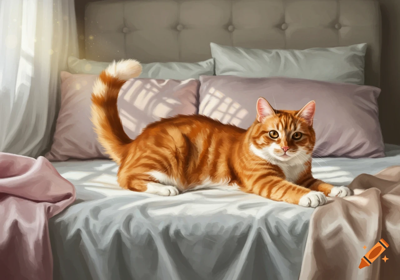 An orange tabby cat with white paws lies on a white bed with light pink pillows, bathed in sunlight. Illustrated style.