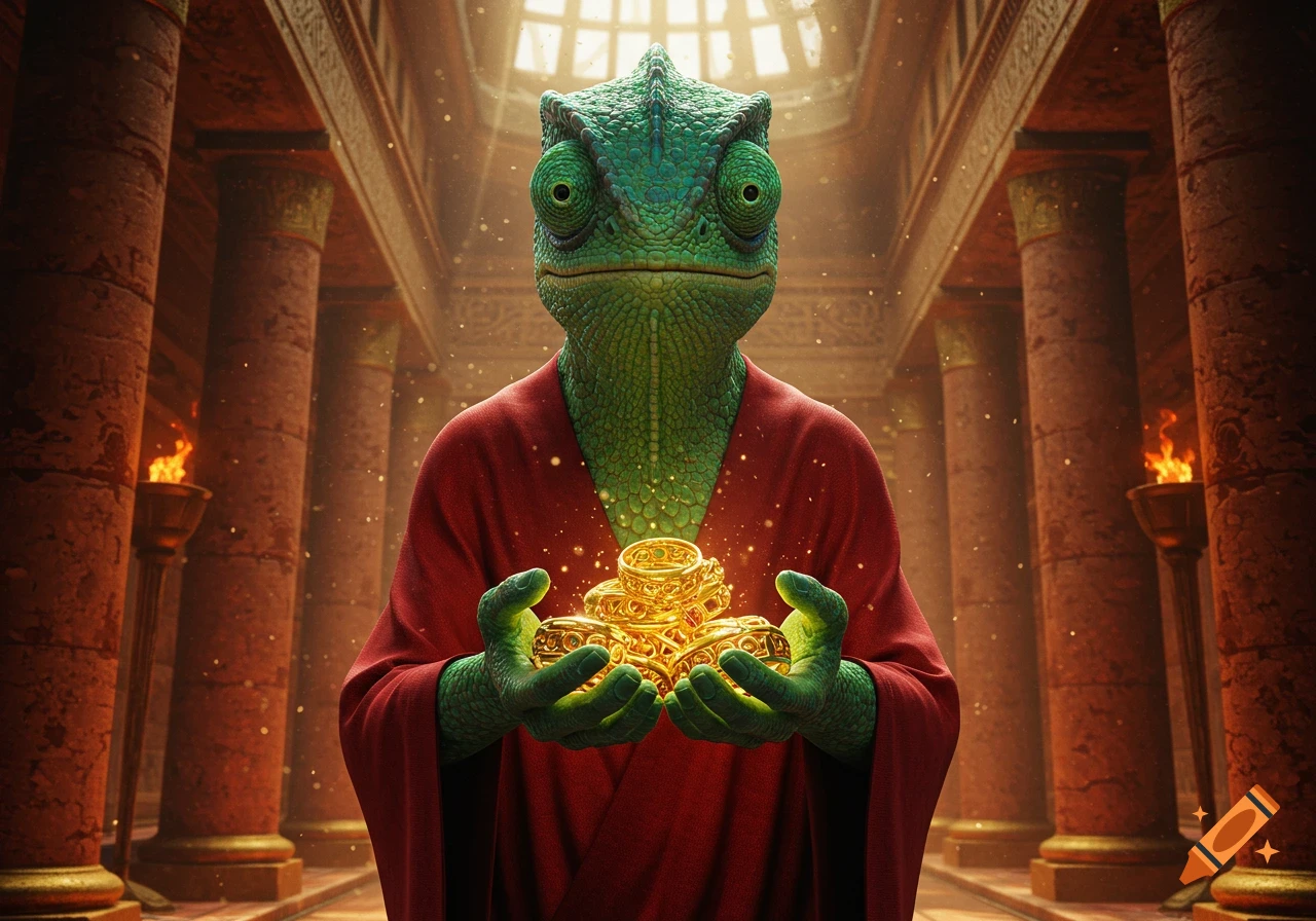 A photorealistic humanoid chameleon in red robes holds glowing golden rings inside a grand temple.