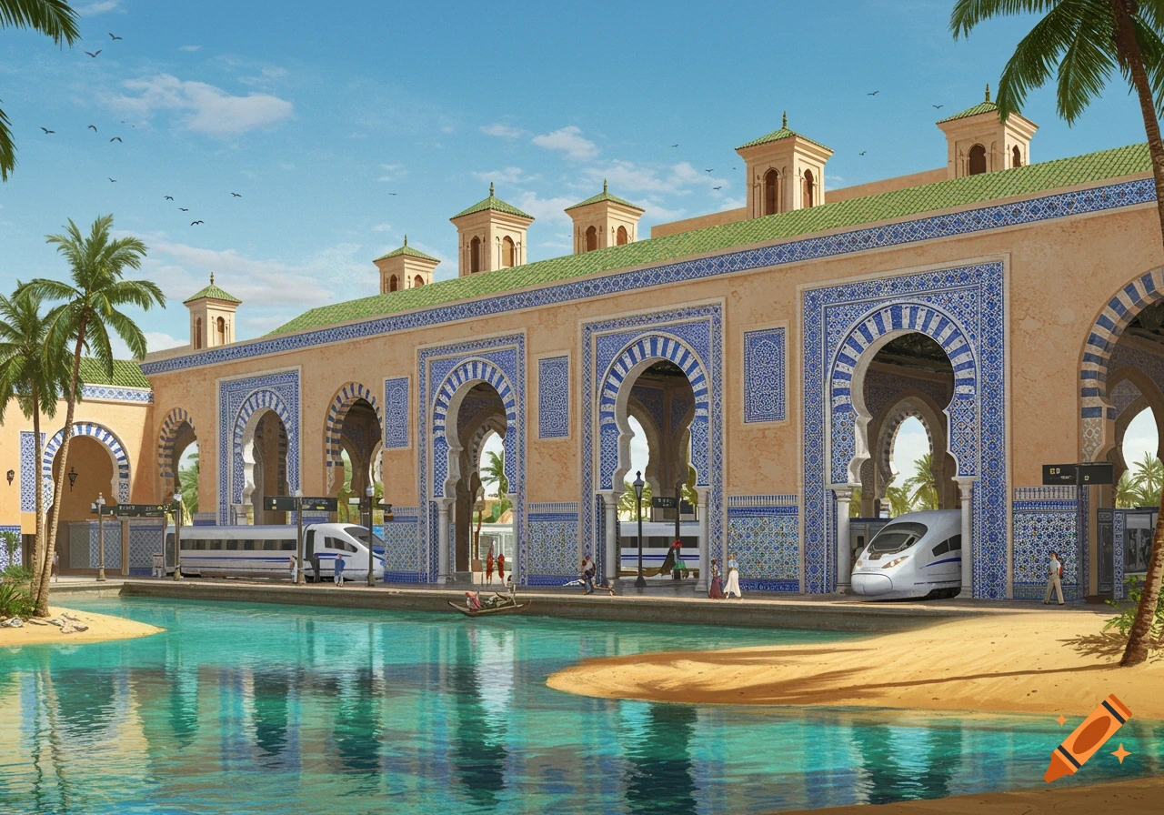 A grand Andalusian-style train station with intricate blue and white patterns, next to a teal oasis, with high-speed trains on platforms and palm trees under a blue sky.