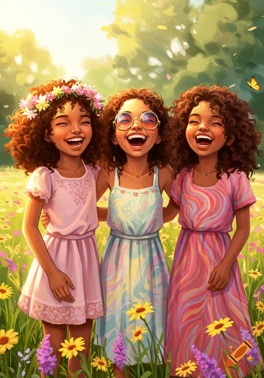 Three joyful girls with curly hair in colorful dresses laugh and hug in a bright flower field. Illustration.