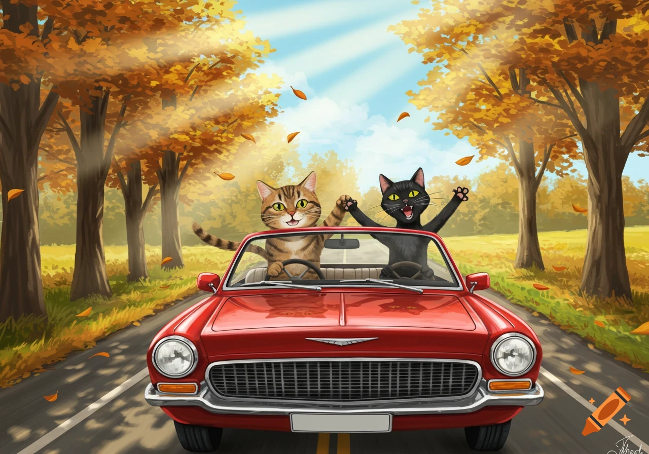 Two happy cartoon cats drive a red convertible car down an autumnal road with falling leaves under a sunny sky.