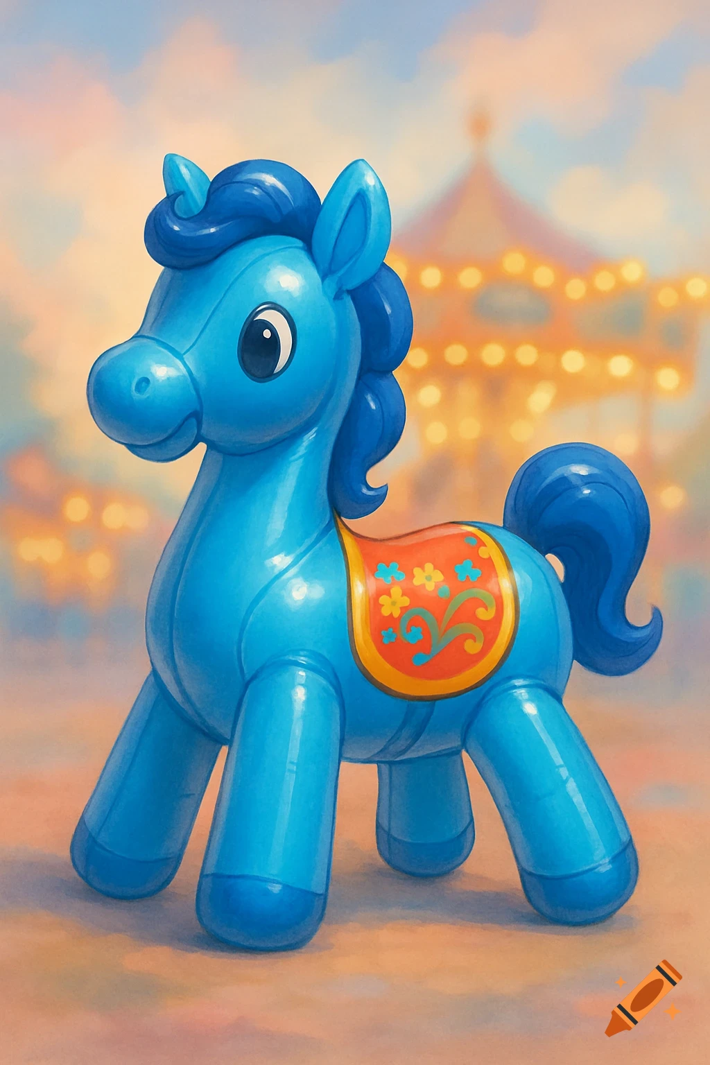 A blue inflatable cartoon pony with an orange floral saddle stands in front of a blurred carousel.