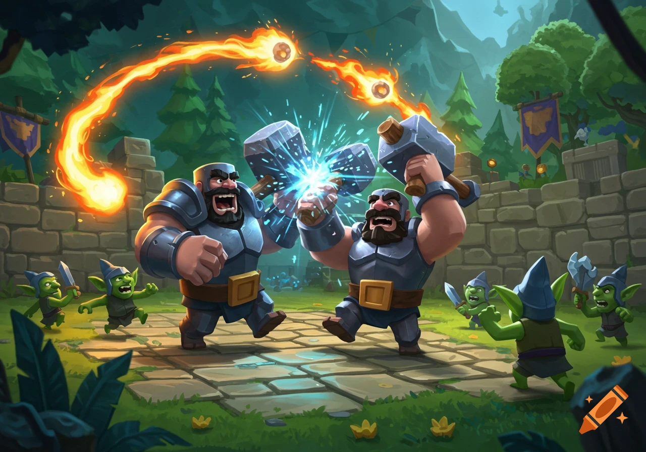 Two muscular barbarians with hammers clash as goblins run around amidst flying fireballs in a stylized fantasy battle.