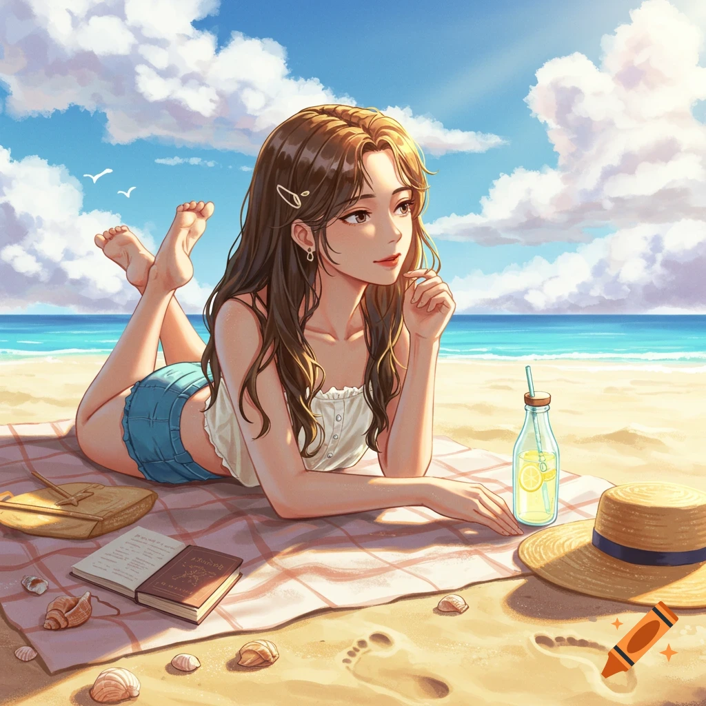 Anime-style illustration of a young woman with brown hair lying on a blanket on a sunny beach, gazing towards the ocean.