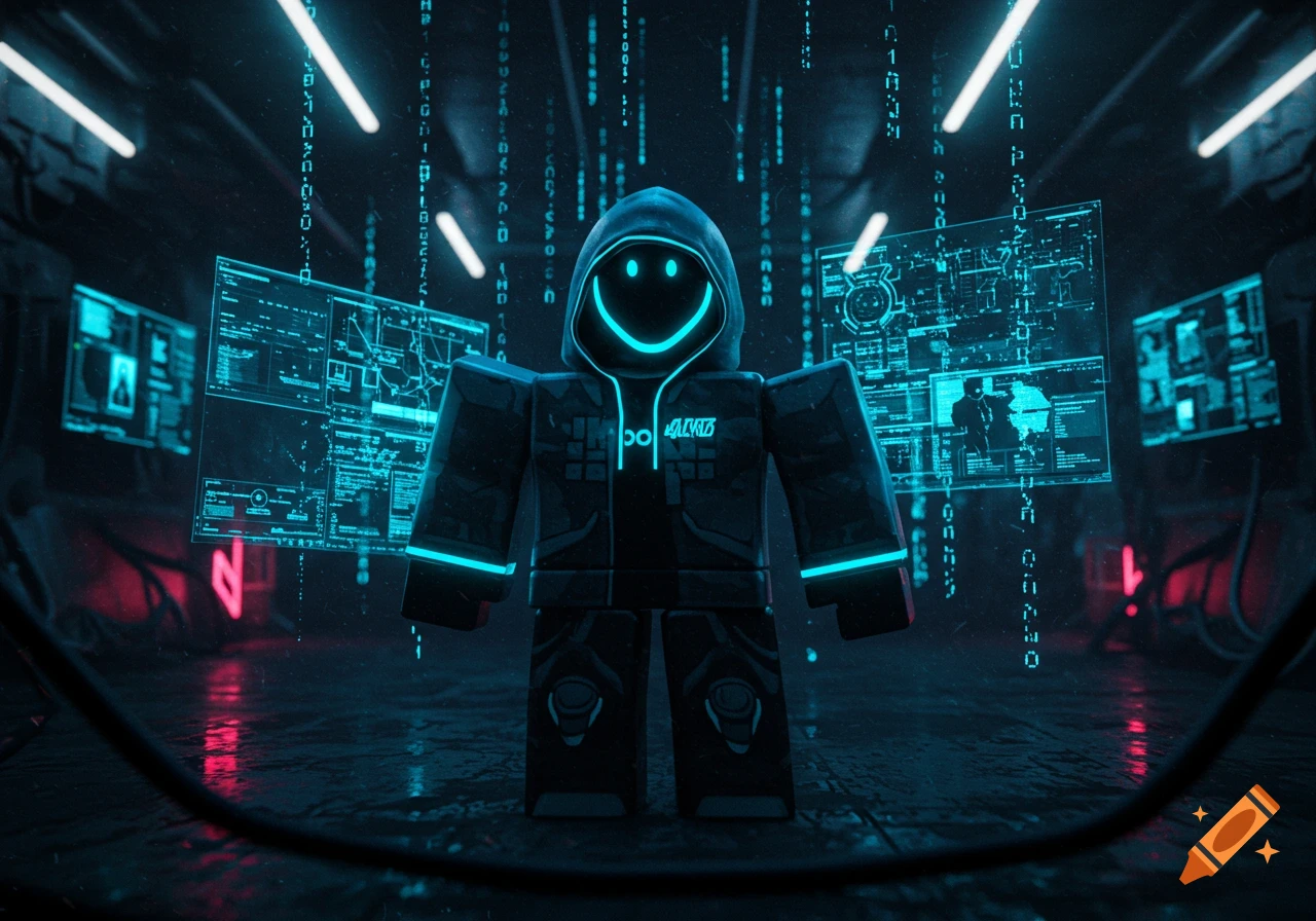 A Roblox-style hacker in a black hoodie with a glowing smiley face stands amidst blue code and screens in a dark cyberpunk room.