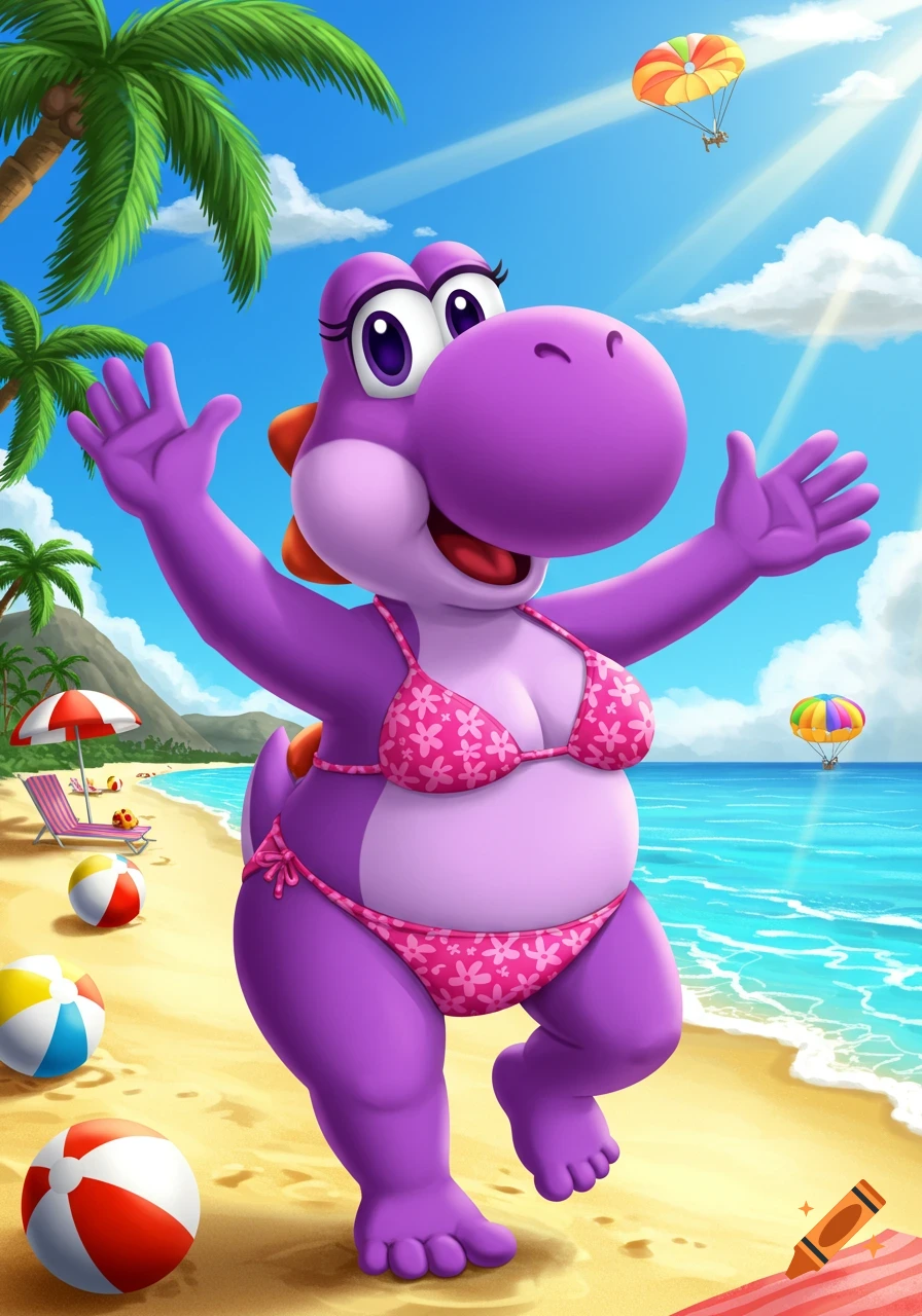 A cheerful purple Yoshi in a pink bikini waves on a sunny cartoon beach with palm trees and beach balls.