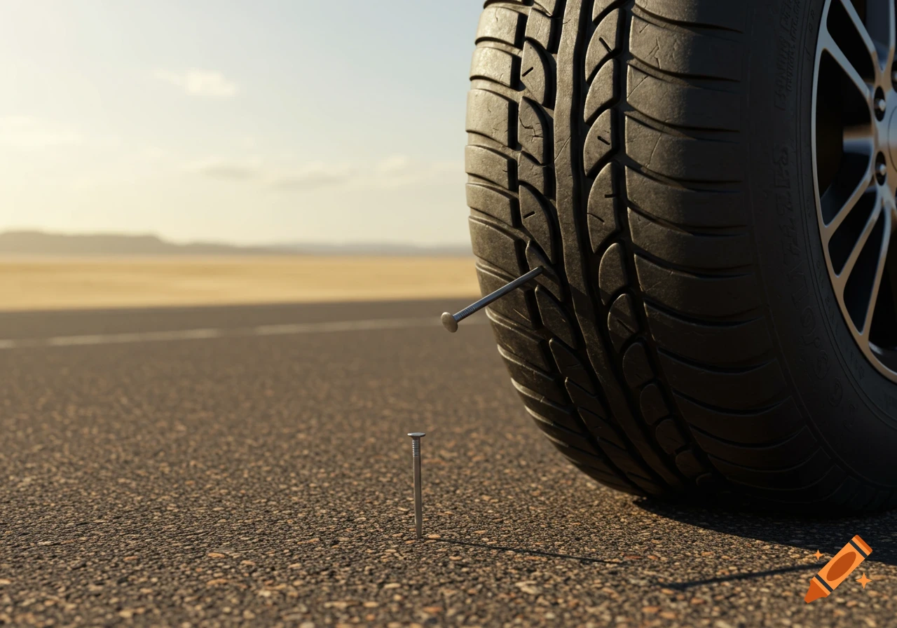 A close-up of a car tire on an asphalt road with a large nail stuck in its tread, another nail stands upright on the road.
