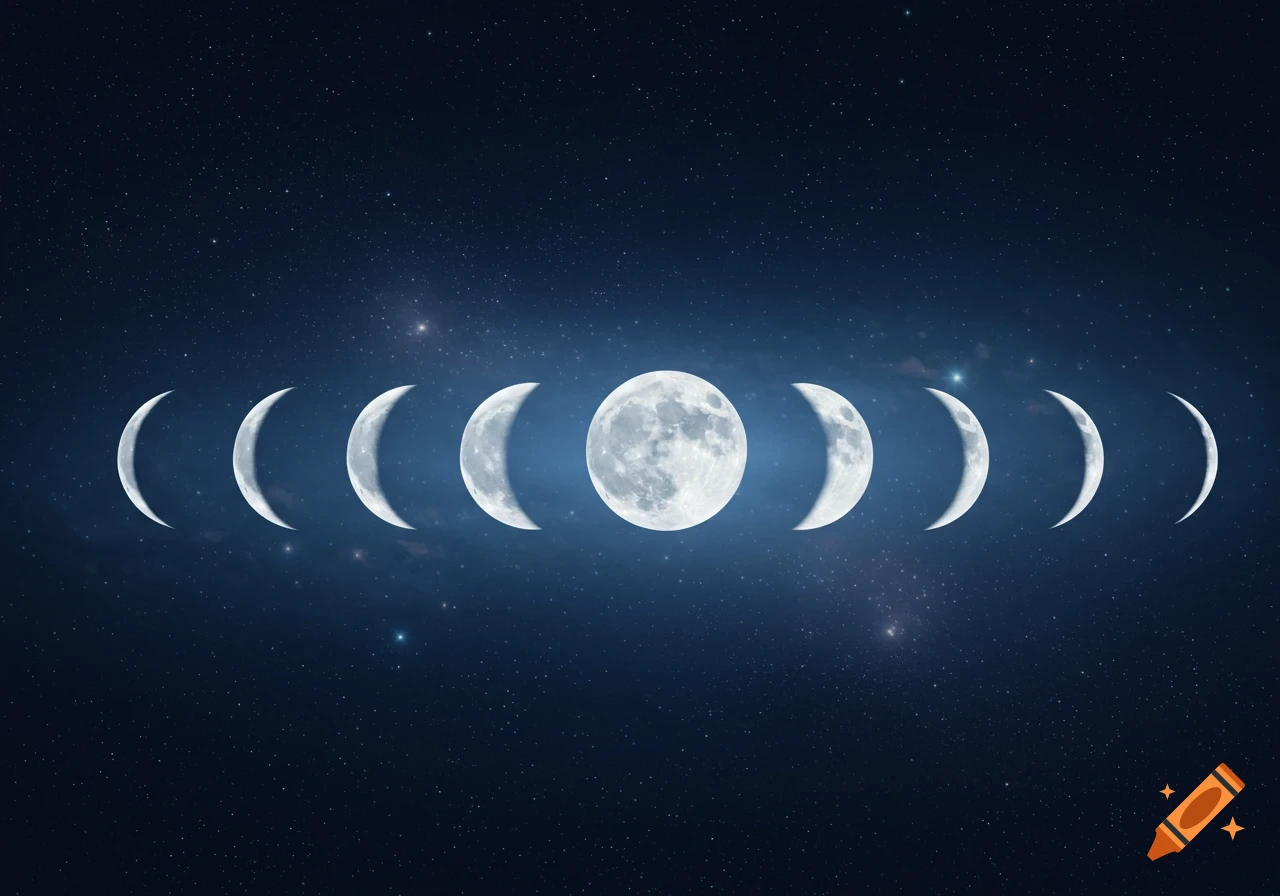 A horizontal sequence of the moon's phases, from crescent to full and back, set against a dark, starry night sky.