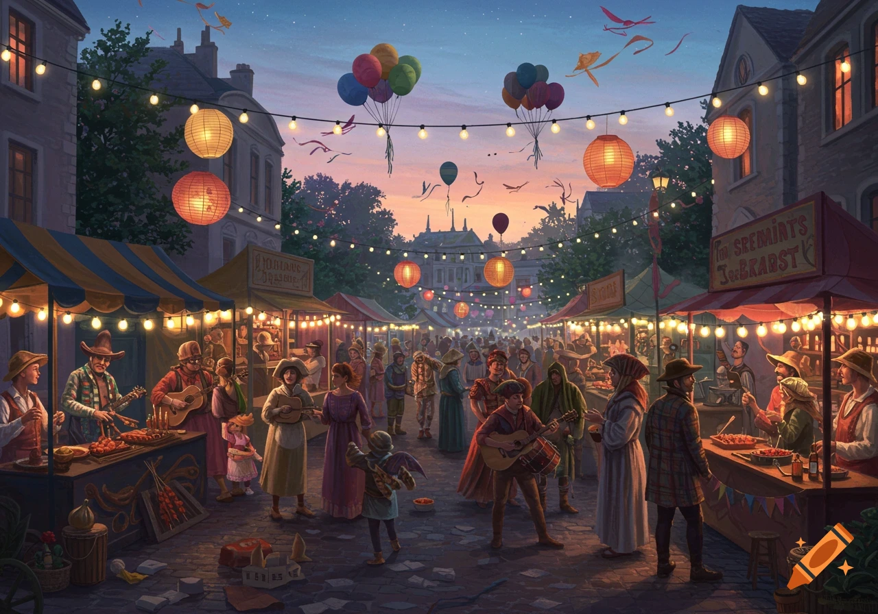 A bustling evening festival scene in an old town street, with numerous people, market stalls, colorful balloons, string lights, and illuminated paper lanterns hanging overhead. Buildings line the street under a twilight sky.