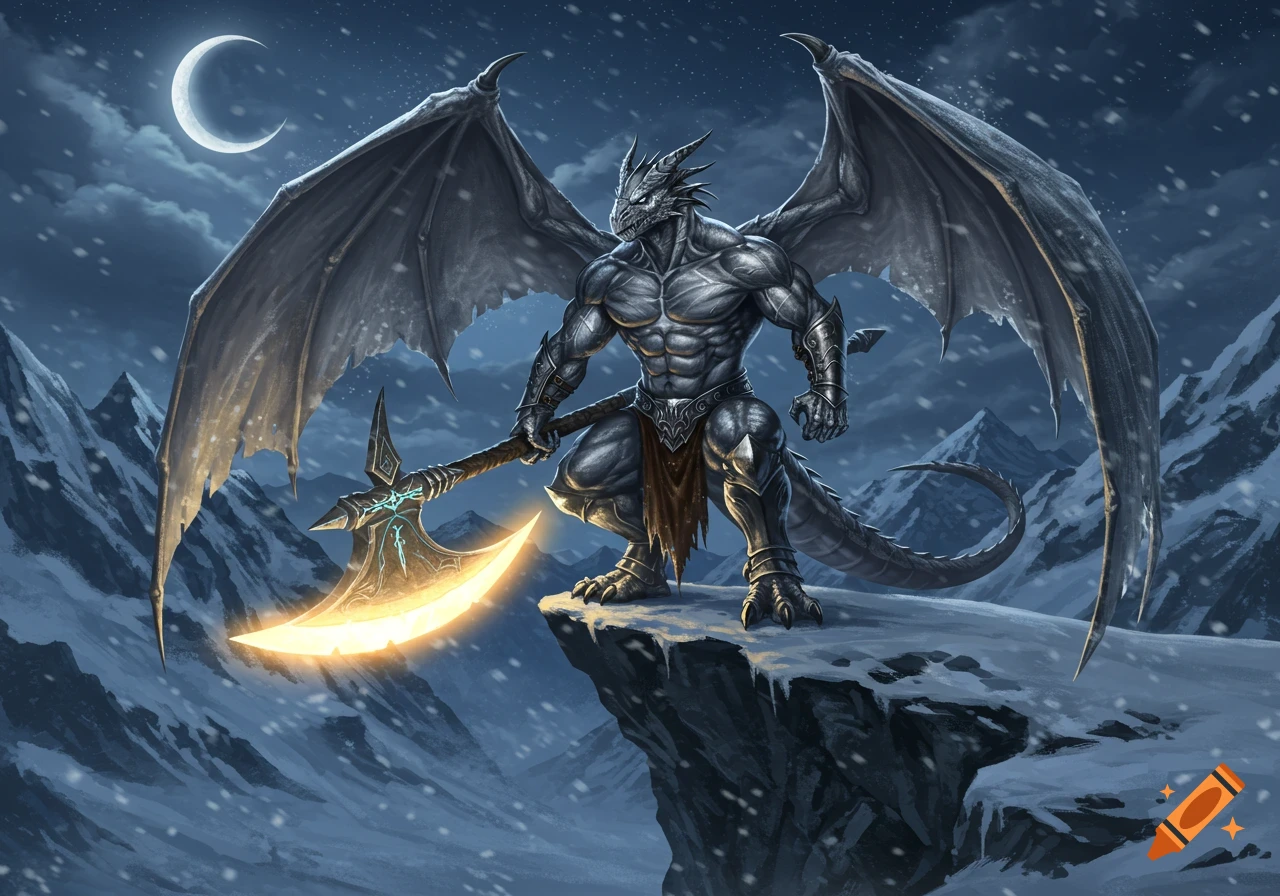 A muscular, winged silver Dragonborn barbarian with a glowing greataxe stands on a snowy mountain precipice at night, under a crescent moon.