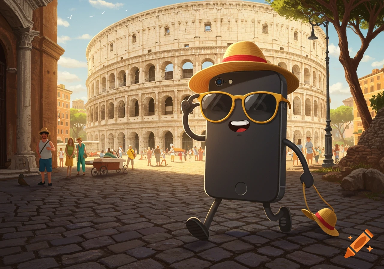 A cartoon anthropomorphic iPhone wearing a straw hat and sunglasses walks on a cobblestone street in Rome with the Colosseum in the background.