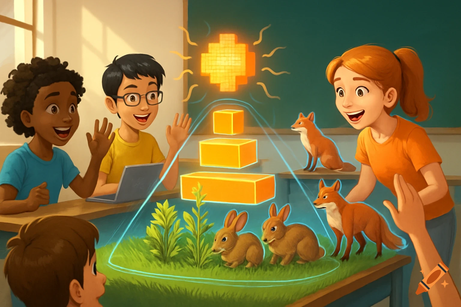 Illustration of students in a classroom observing a virtual energy pyramid with plants, rabbits, and foxes.