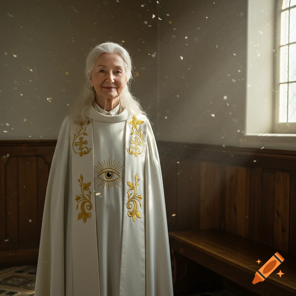 A photorealistic portrait of an elderly woman with white hair and a warm expression, wearing a white robe with golden embroidery, standing in a sunlit room.