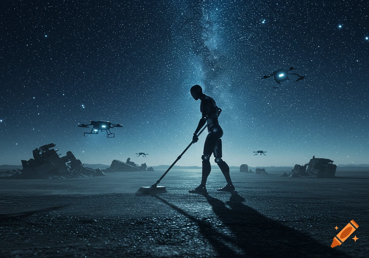 A robot sweeps a desolate planet surface under a vast starry night sky with the Milky Way, accompanied by flying drones.