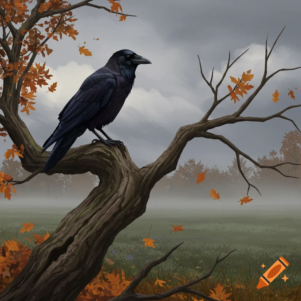 A realistic illustration of a black crow perched on a gnarled autumn tree branch with orange leaves and a misty background.