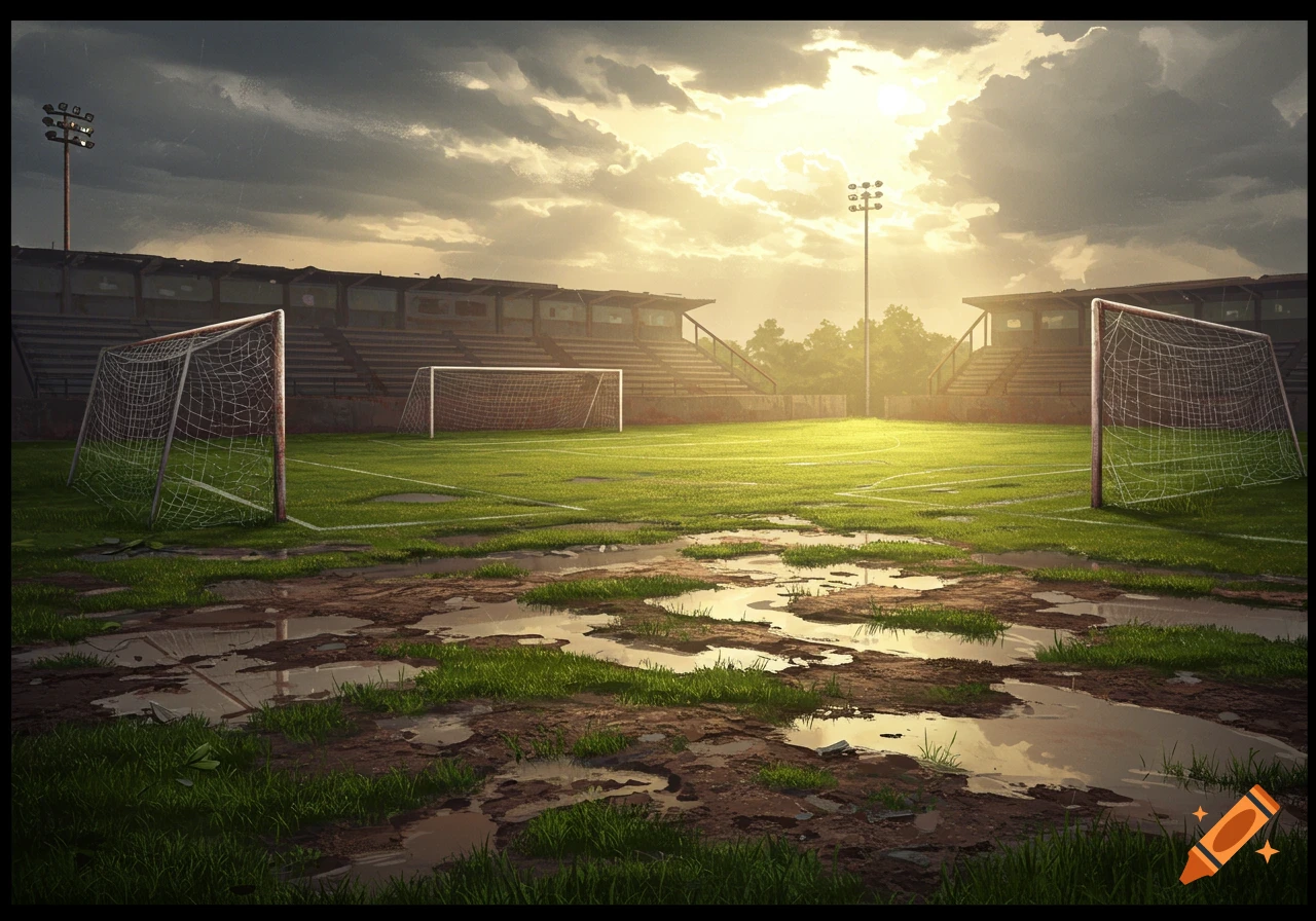 A muddy soccer field with two goals, an empty stadium, and cloudy sky with sunlight breaking through.