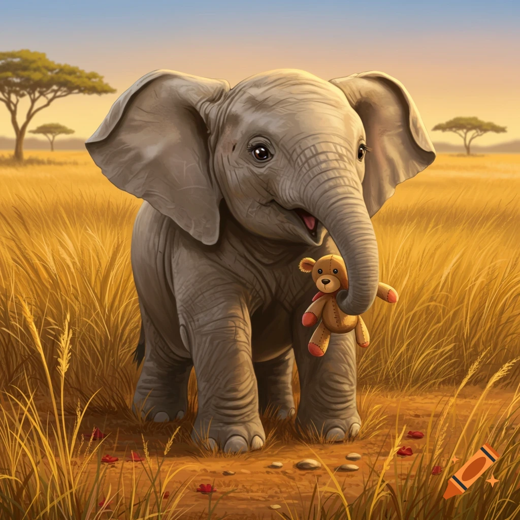 A cute baby elephant holds a teddy bear in its trunk while standing in a grassy savanna at sunset.