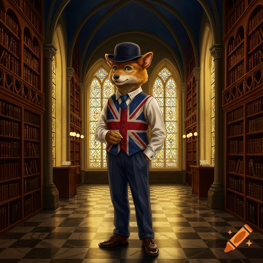 An anthropomorphic fox in a bowler hat, Union Jack vest, and suit stands in a grand library with stained glass windows.