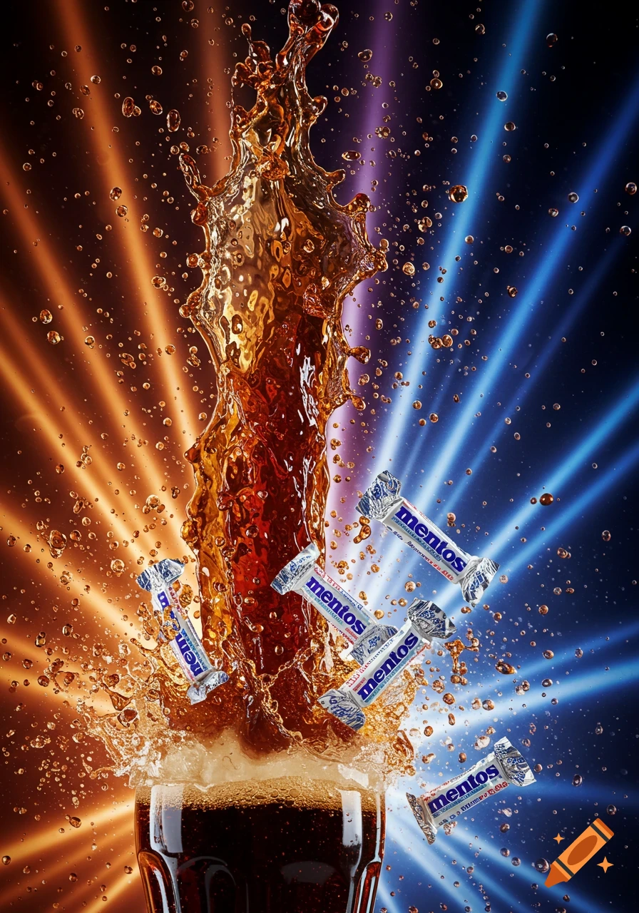 Mentos candies drop into a glass of cola, causing a dramatic brown liquid splash against an orange and blue ray-lit background.