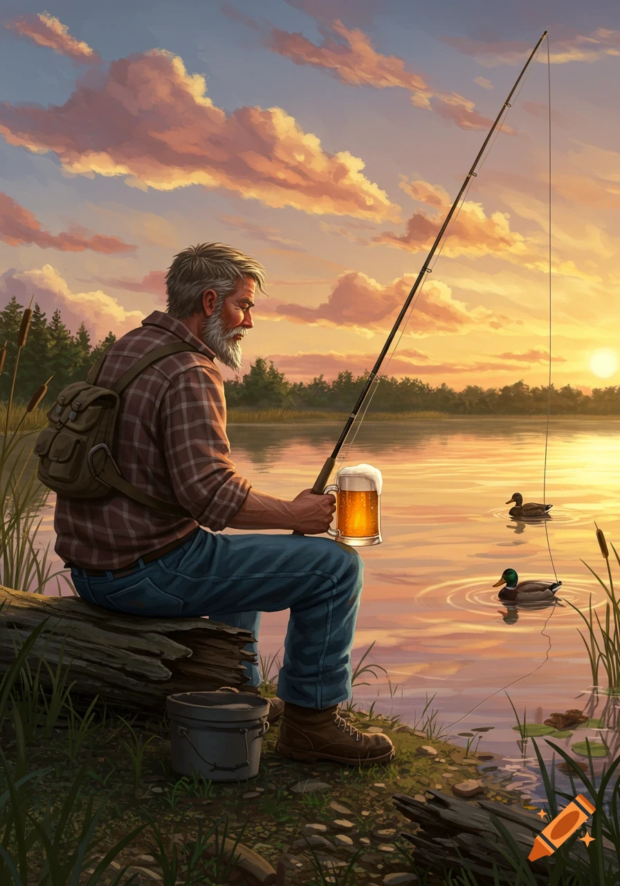An illustrated bearded man sits on a log by a lake, fishing with a rod and holding a beer, as ducks swim at sunset.