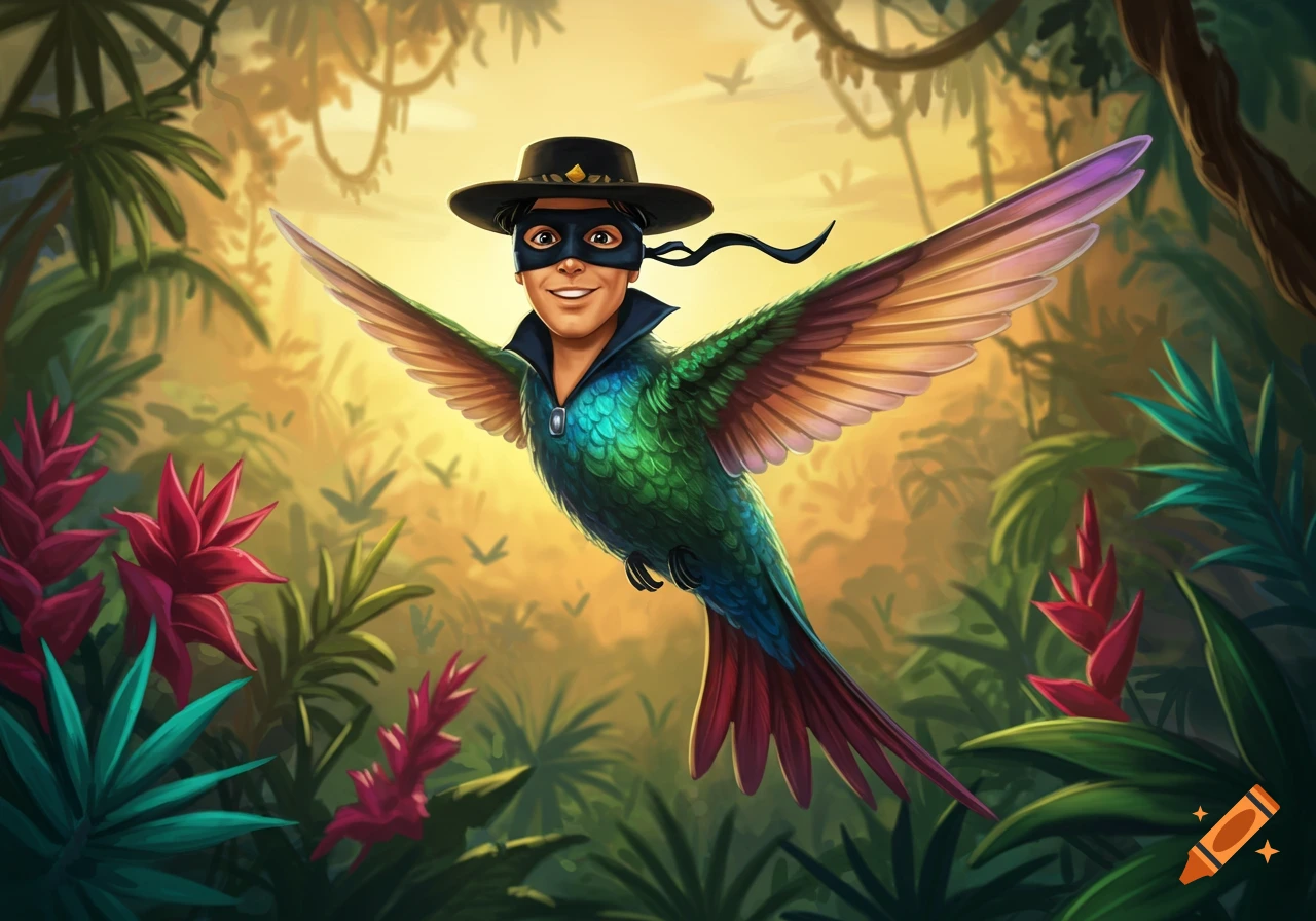 Cartoon Zorro head on a green and blue hummingbird body flying through a vibrant jungle. Illustration art style.