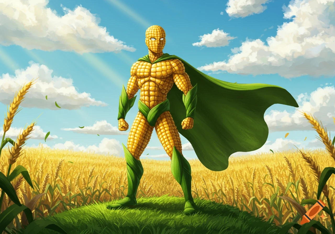 A muscular superhero made of corn stands in a sunny cornfield with a green cape.