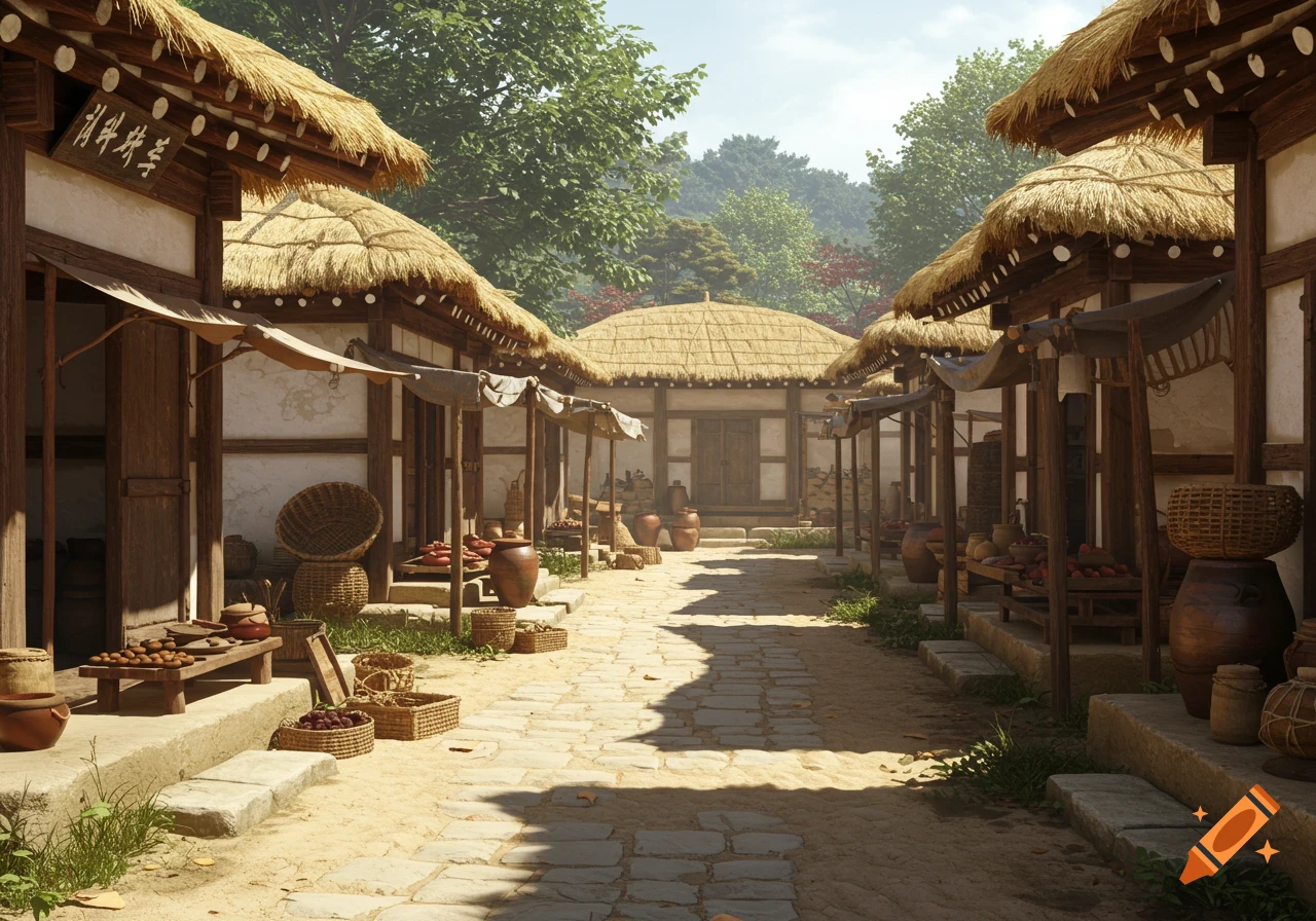 Photorealistic traditional Korean marketplace street with thatched-roof houses, market stalls, baskets, and clay jars.