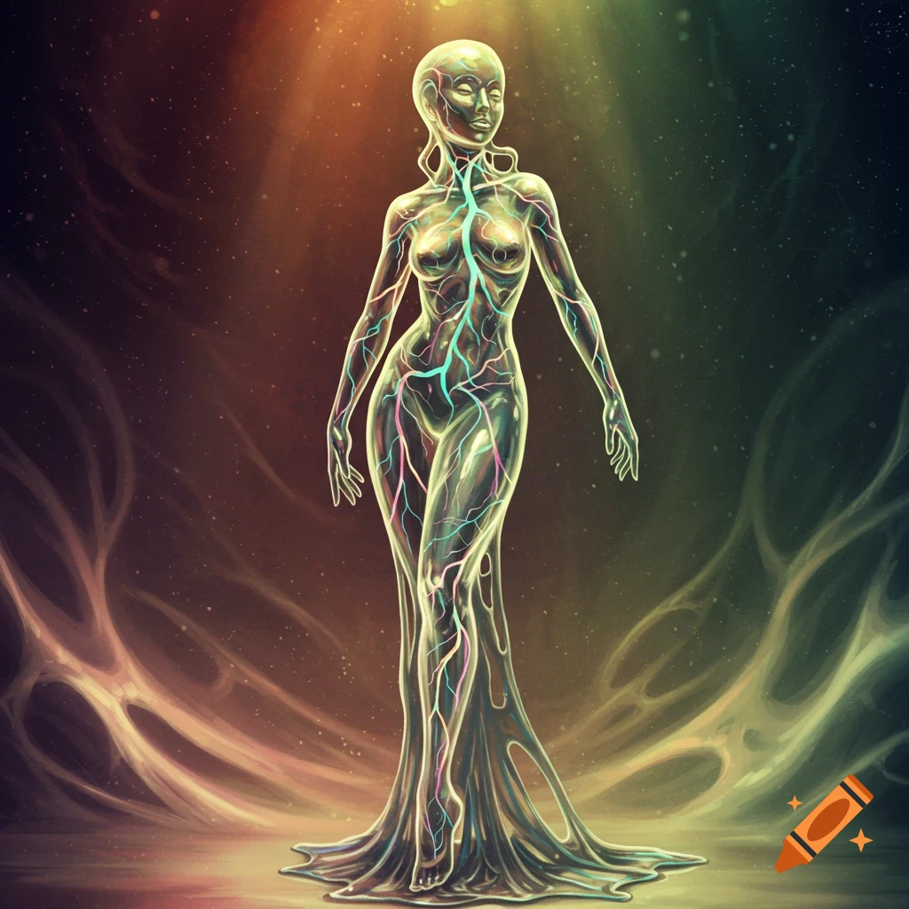 A glowing, translucent, shapeshifting female humanoid with internal nerve-like structures, in a dramatic pulp sci-fi art style.