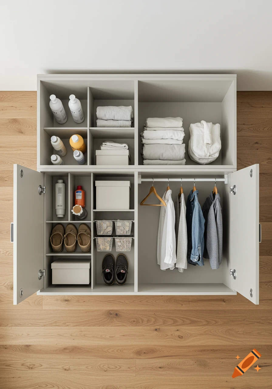 Overhead view of an open, organized light-colored closet with folded clothes, towels, bottles, shoes, and hanging shirts.