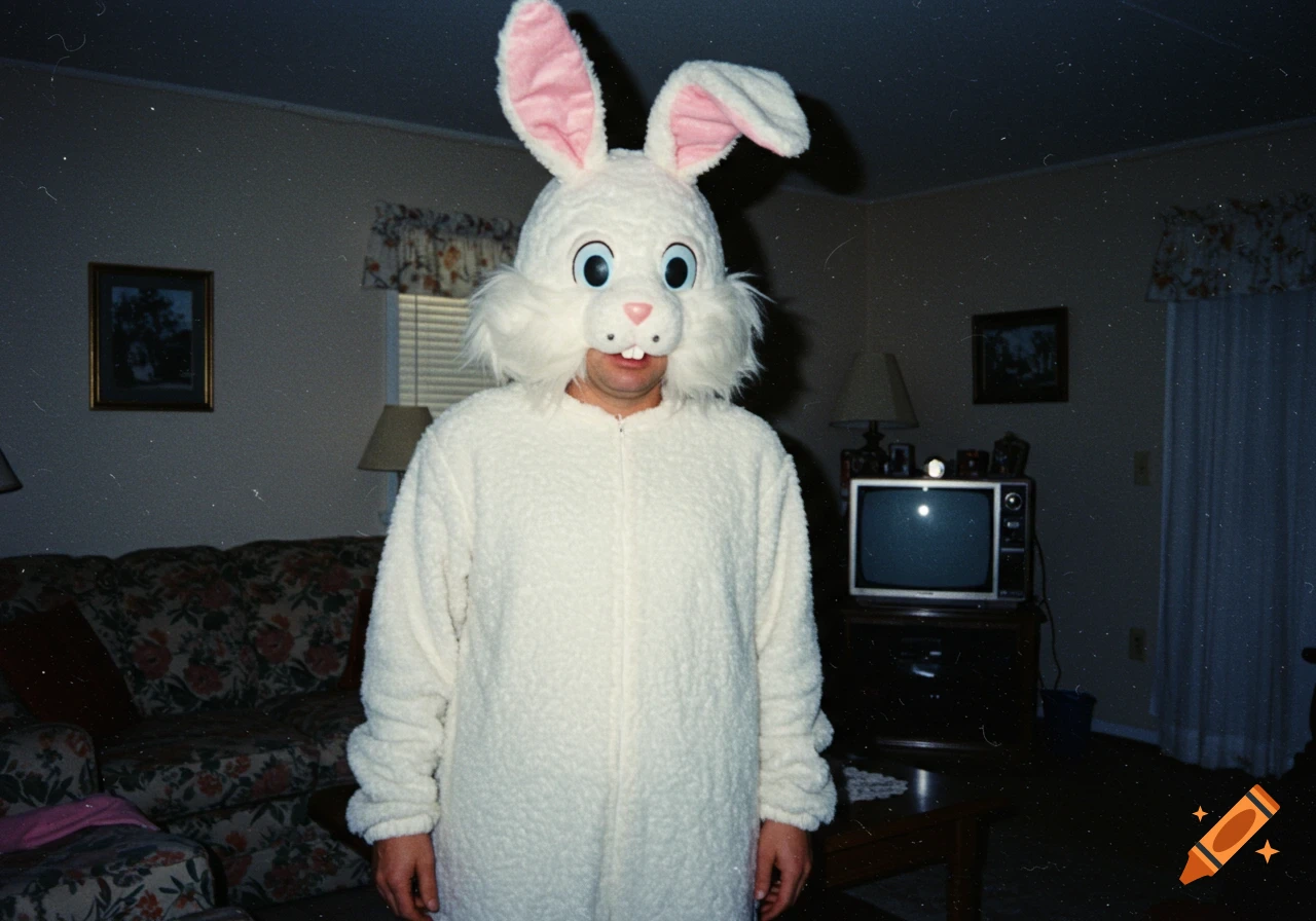 A person in an uncanny white Easter bunny costume stands in a dimly lit living room, captured with a retro VHS camcorder aesthetic.