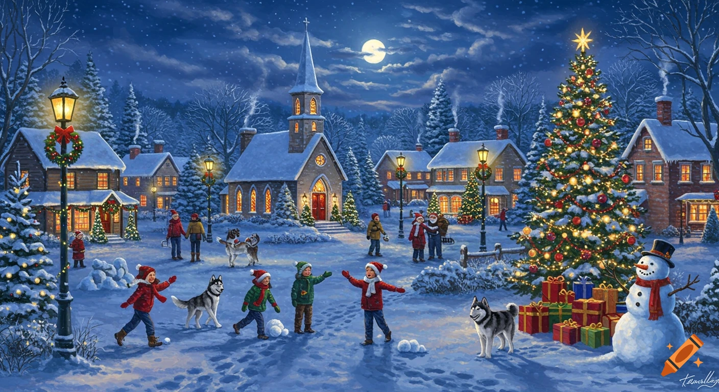 Digital watercolor of a joyful snowy Christmas village at night, with children playing, an illuminated church, and a snowman.