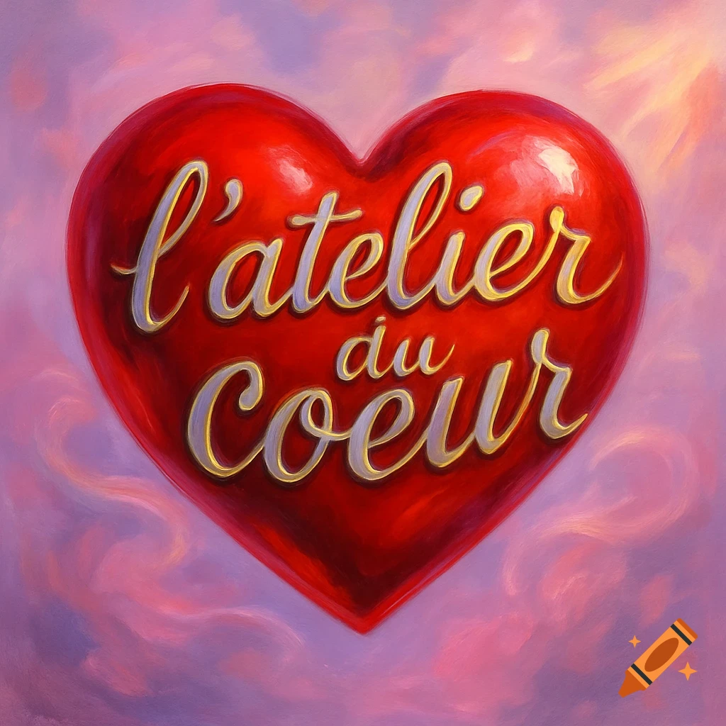 Red heart with gold text 'l'atelier du coeur' in a painterly style, set against a pink and purple background.