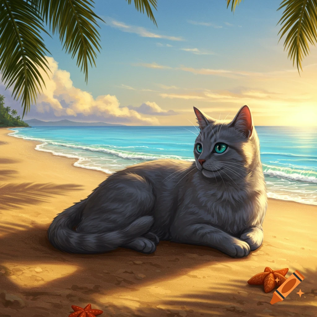 A gray cat with bright green eyes lies on a sun-drenched sandy beach with palm trees and a clear blue ocean.