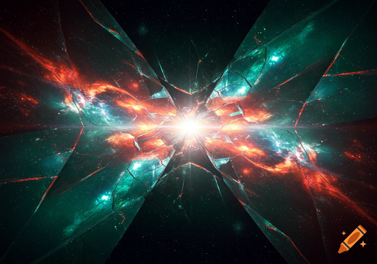 Bright light bursts through a shattered, stained glass-like depiction of the universe with red and teal nebulas.