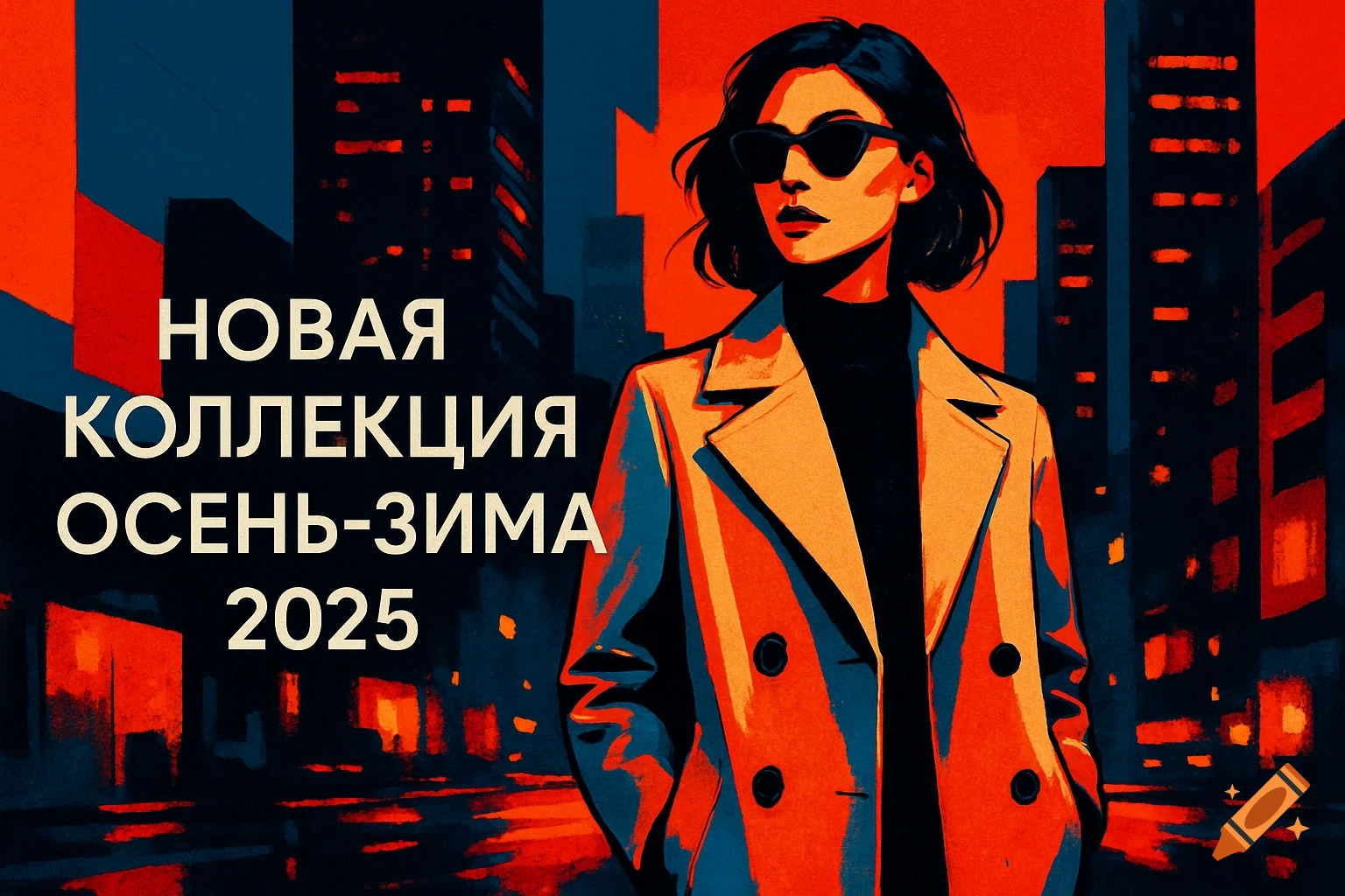 A stylish woman in a beige coat and sunglasses stands against a vibrant, contrasting cityscape background. Text says 'New Collection Autumn-Winter 2025'.