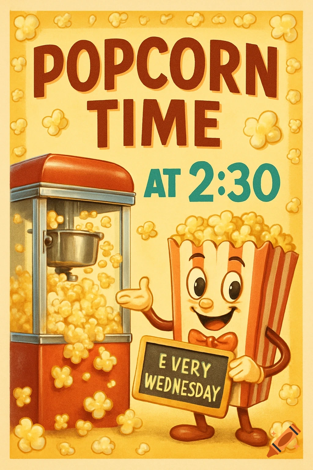 Vintage poster with a popcorn machine and a smiling anthropomorphic popcorn bag holding a sign. Text reads 'Popcorn Time AT 2:30 E VERY WEDNESDAY'.