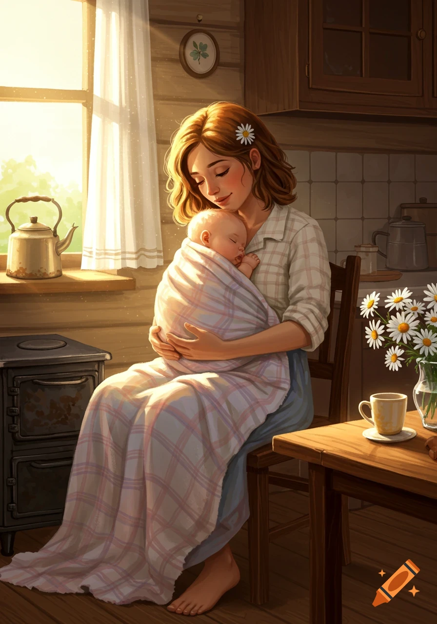 A digitally illustrated mother gently holds her sleeping baby in a warm, sunlit, rustic kitchen.