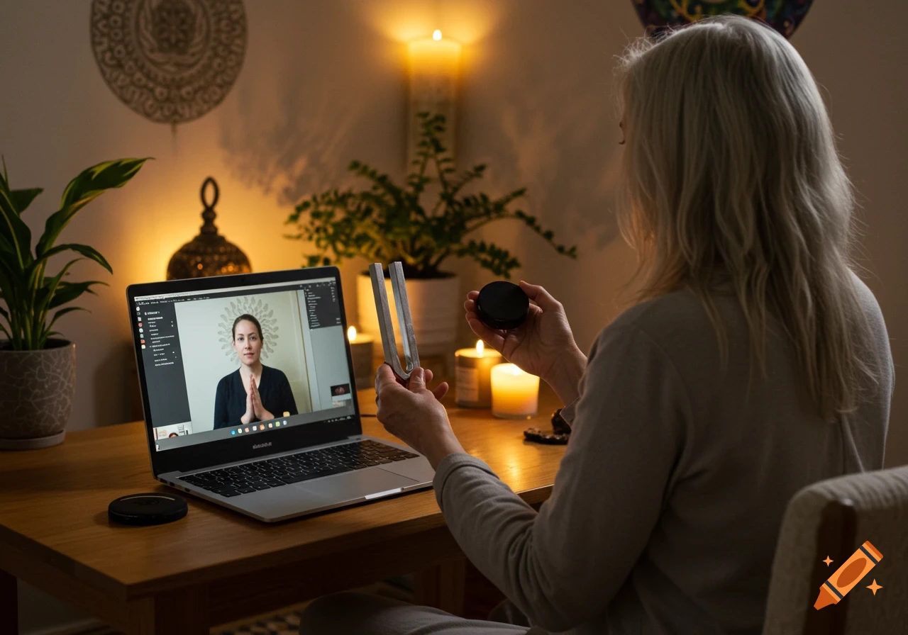 A woman with long gray hair from behind on a video call, holding a tuning fork and a puck, in a dimly lit, zen room.