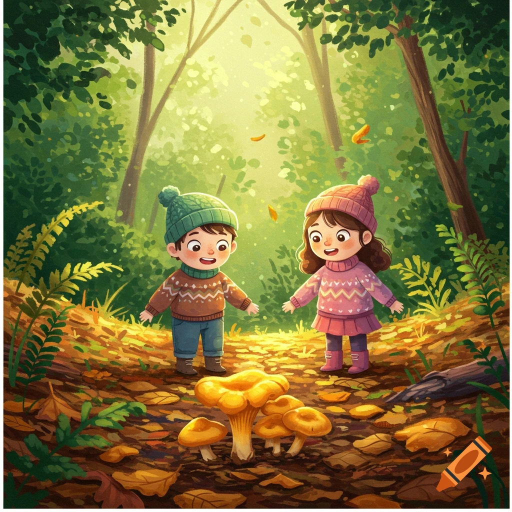 Two happy cartoon children in sweaters and hats stand in an autumn forest, looking at yellow chanterelle mushrooms on the leafy ground. Illustrated style.