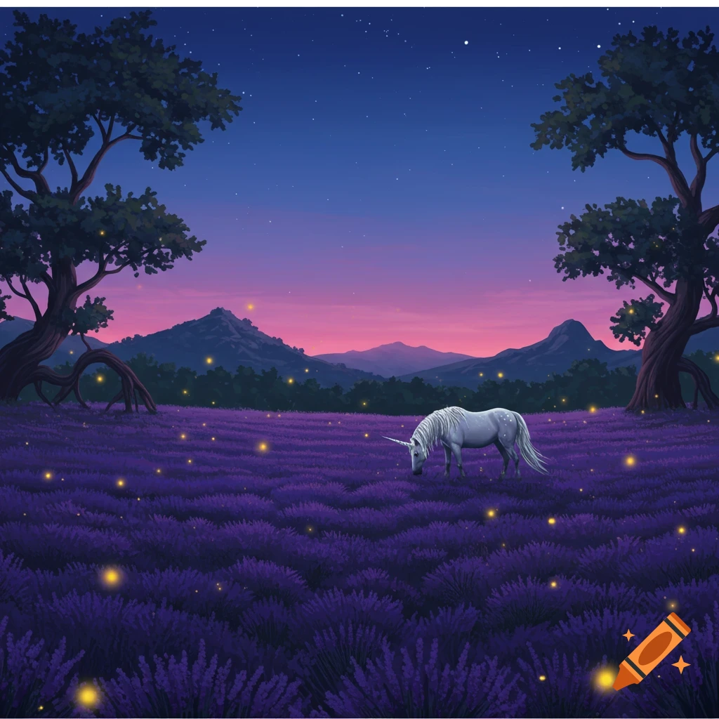 An illustrated white unicorn grazes in a purple lavender field with fireflies at dusk, framed by large trees and mountains.