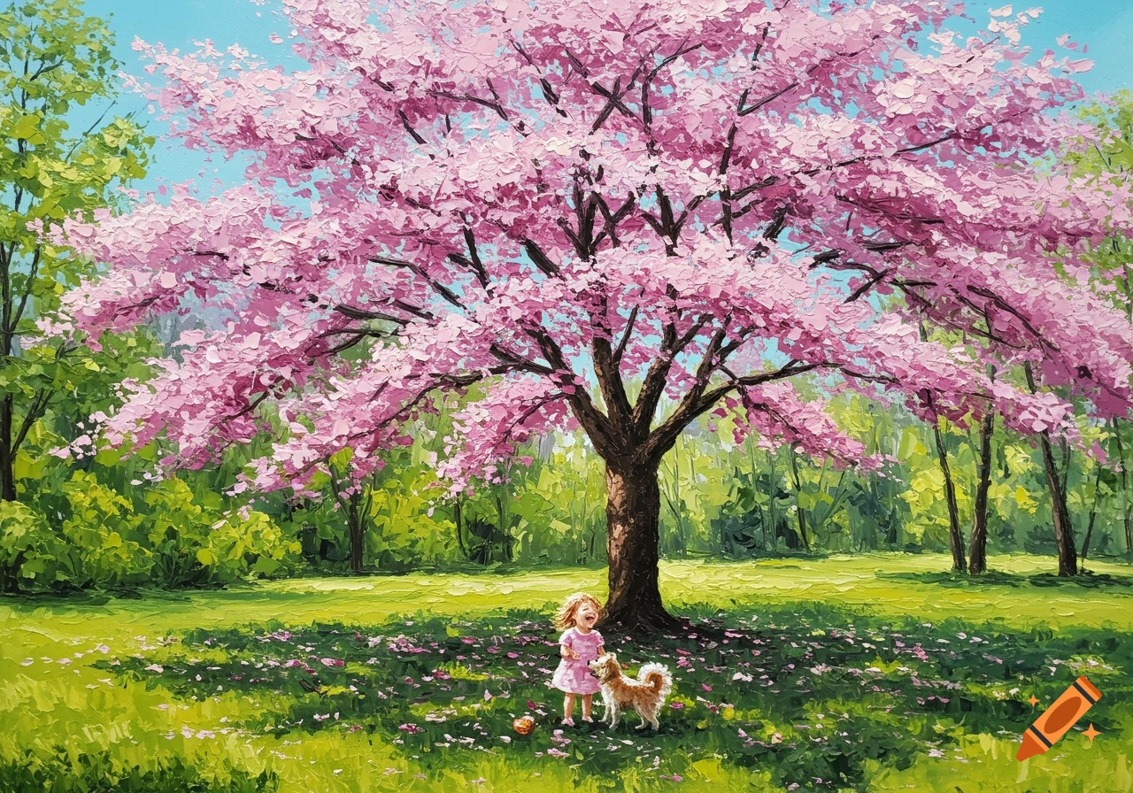 Impressionistic painting of a child playing with a dog under a vibrant cherry blossom tree in a park.